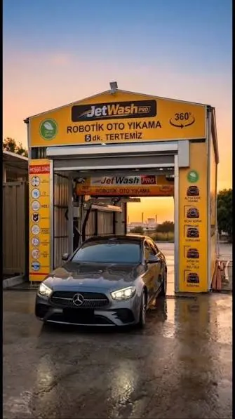 Açık platform Jet Wash Pro robotik oto yıkama kabini, gün batımında